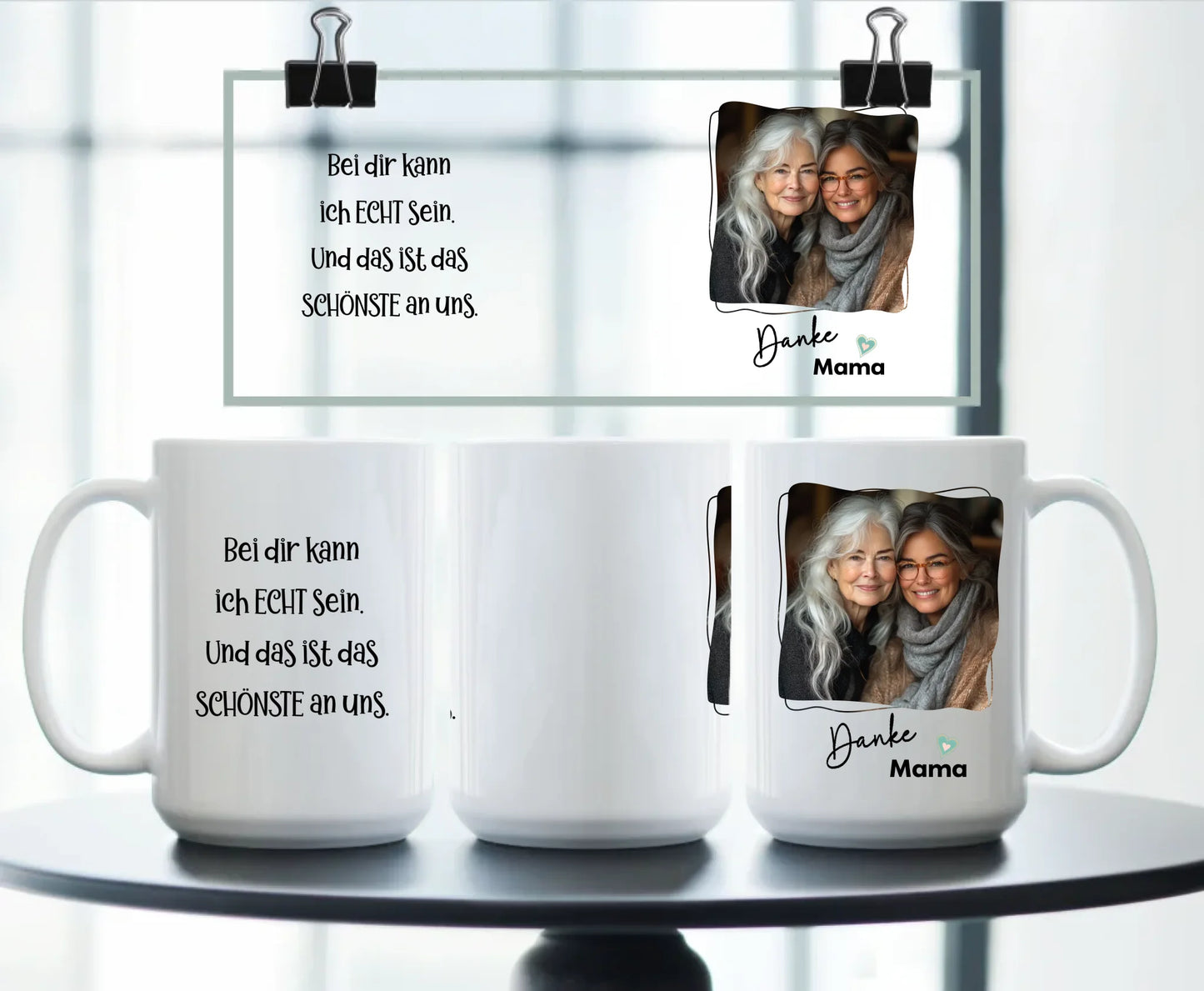 Big Personalised ceramic mug r, Thank You Mama text, heartfelt German quote, and mother-daughter photo – gift for mum