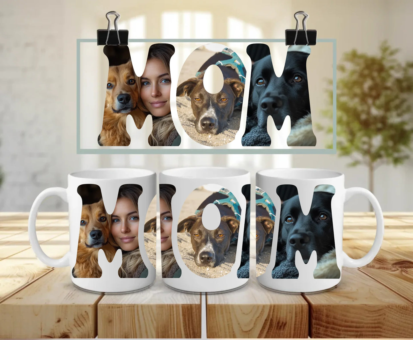 Large personalised white ceramic mug featuring MOM text filled with three custom photos – perfect gift for dog mum or pet lover