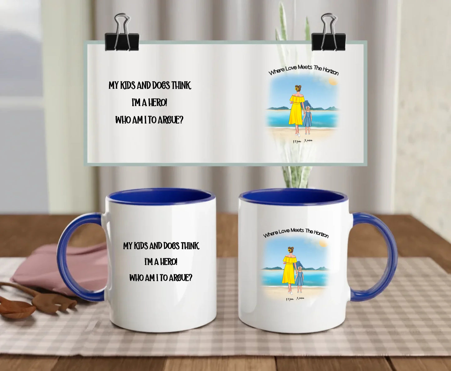 Personalised ceramic mug with navy handle and interior, featuring mum, daughter, and optional dogs on a beach with quote “My kids and dogs think I’m a hero – who am I to argue?” – meaningful gift for dog mums