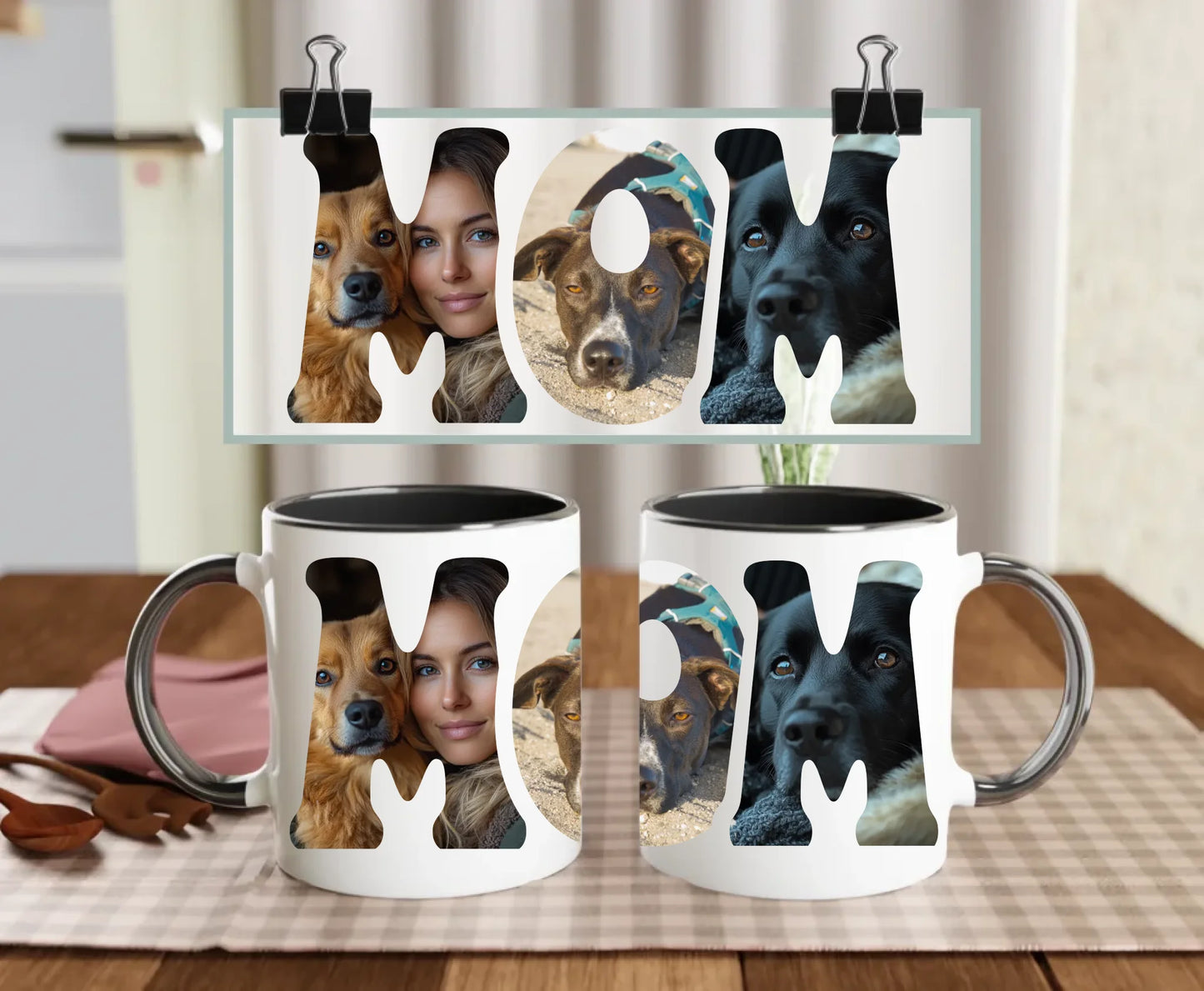 Personalised white ceramic mug with black handle and interior, featuring MOM text filled with three custom photos – perfect gift for dog mum or pet lover