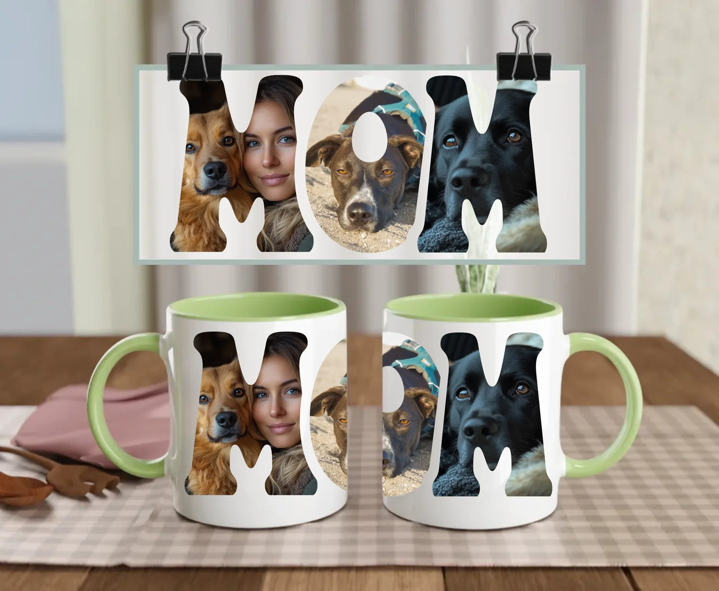 Personalised white ceramic mug with green handle and interior, featuring MOM text filled with three custom photos – perfect gift for dog mum or pet lover