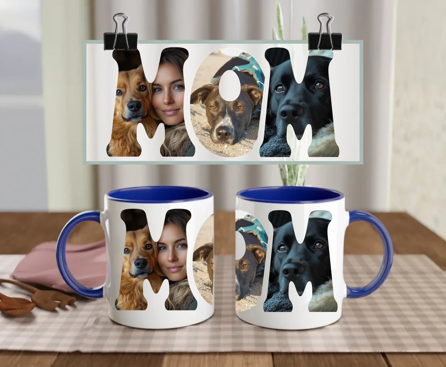 Personalised white ceramic mug with navy handle and interior, featuring MOM text filled with three custom photos – perfect gift for dog mum or pet lover