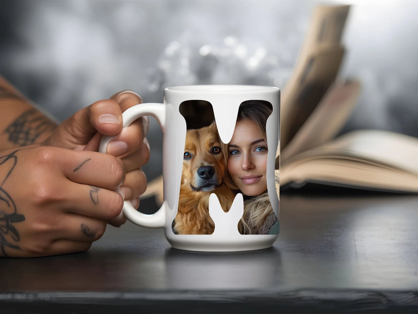 Personalised white ceramic mug featuring MOM text filled with three custom photos – perfect gift for dog mum or pet lover