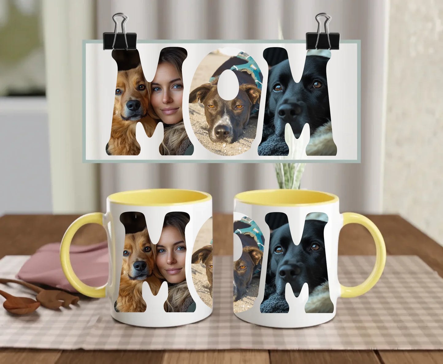 Personalised white ceramic mug with yellow handle and interior, featuring MOM text filled with three custom photos – perfect gift for dog mum or pet lover