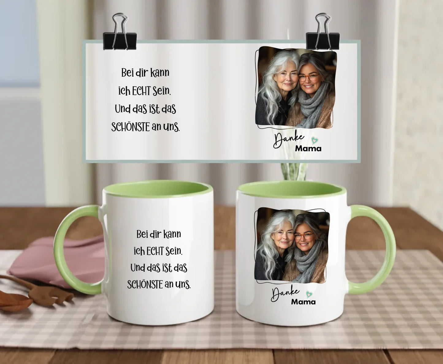 Personalised ceramic mug with green handle and interior, Thank You Mama text, heartfelt German quote, and mother-daughter photo – gift for mum