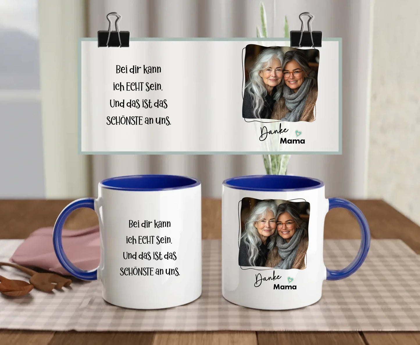 Personalised ceramic mug with navy handle and interior, Thank You Mama text, heartfelt German quote, and mother-daughter photo – gift for mum