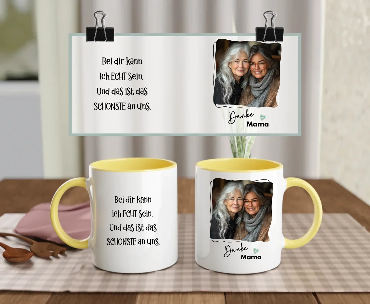 Personalised ceramic mug set with yellow handle and interior, Thank You Mama text, heartfelt German quote, and mother-daughter photo – gift for mum