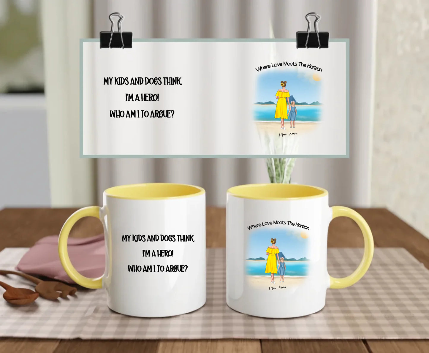 Yellow-handled personalised mug with beach design of mum, kid, and optional dog(s), with humorous “I’m a hero” quote – a fun and heartfelt gift for mums