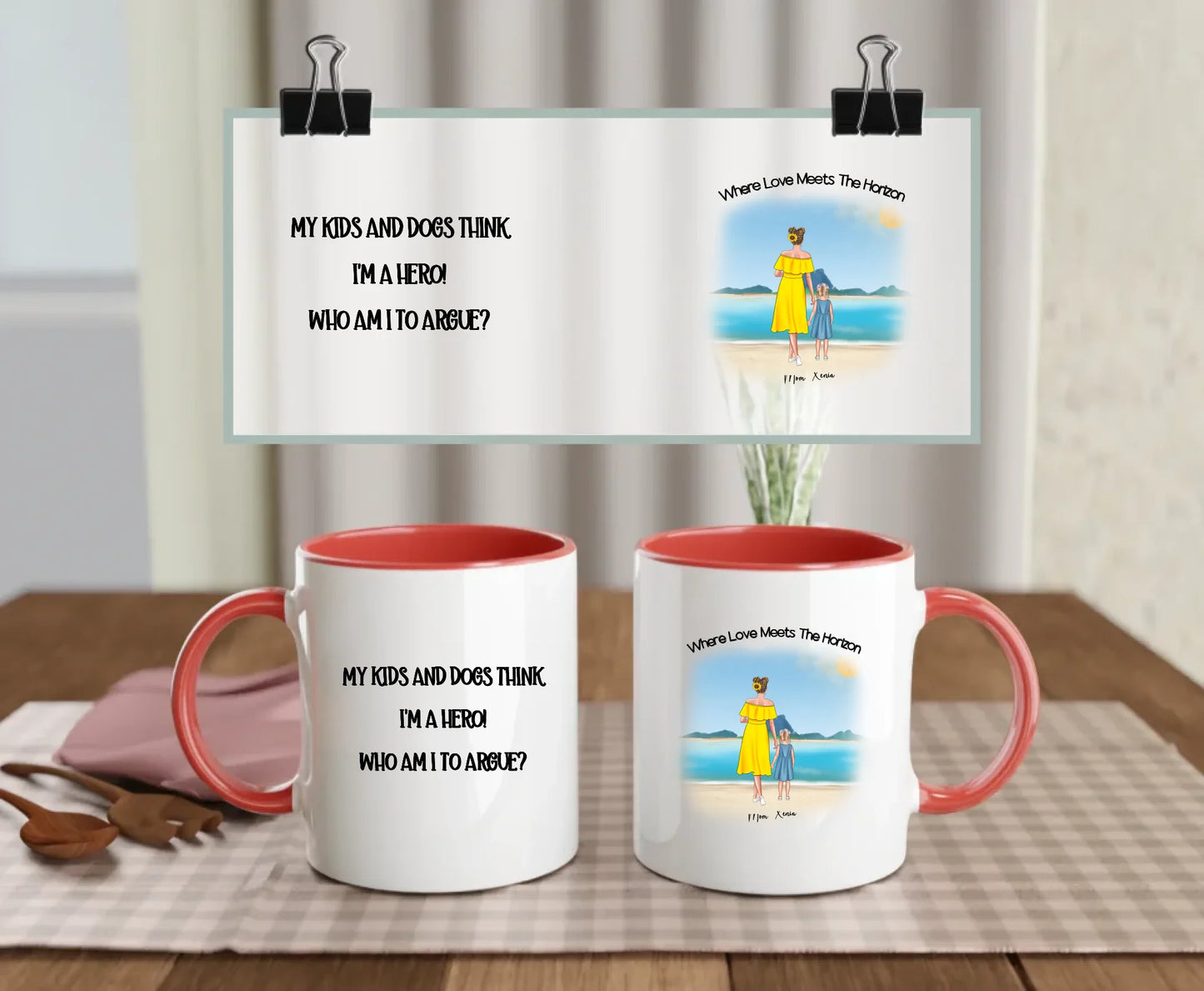Red-handled personalised mug with sunny beach illustration of mother and child with optional dogs, and “My kids and dogs think I’m a hero – who am I to argue?” quote – perfect gift for mums