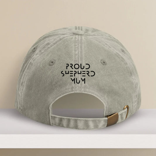 Adjustable vintage cap with black embroidery on the back. Ideal for adding a meaningful phrase or pet’s name — a sleek custom gift for proud dog parents.