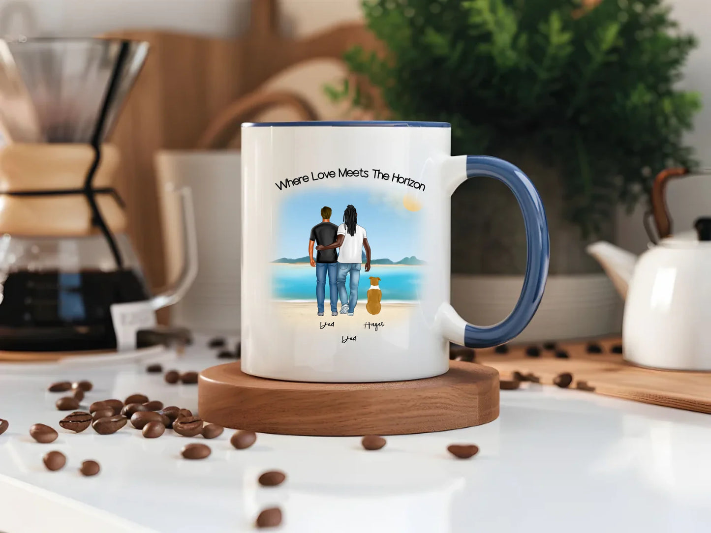 Front view of Beach Days & Puppy Plays™ Him & Him mug with beach family design