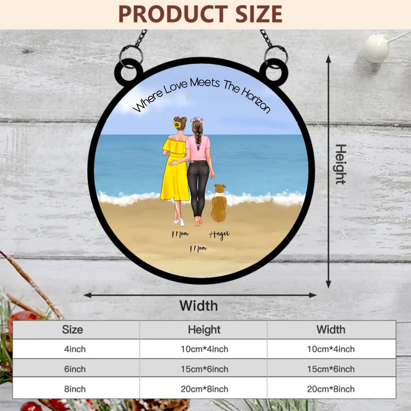 Size chart for Her & Her Edition dog family suncatcher
