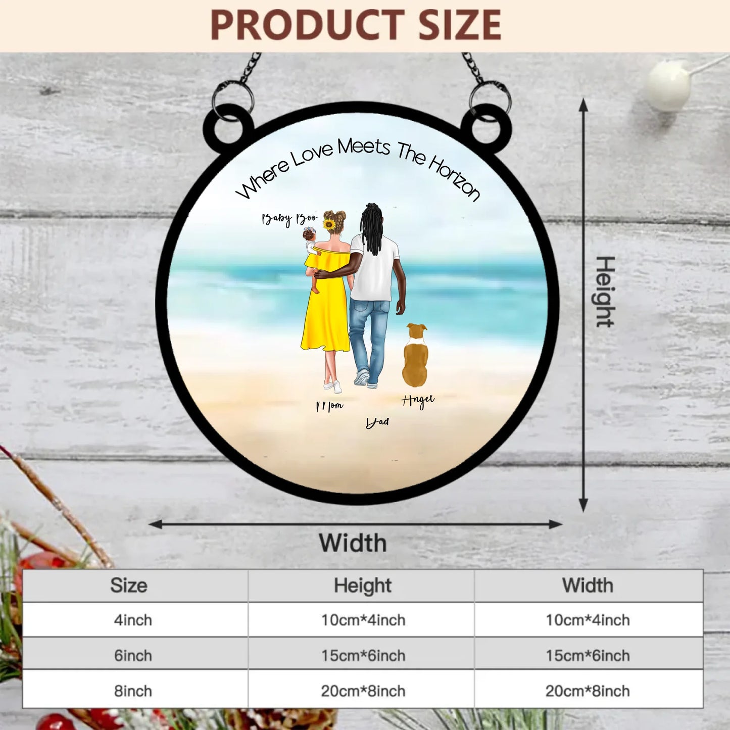 Size chart for Her & Him Edition dog family suncatcher