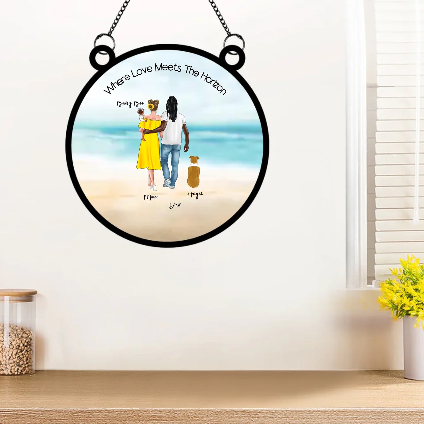 Her & Him Edition Beach Days & Puppy Plays™ suncatcher hanging in window