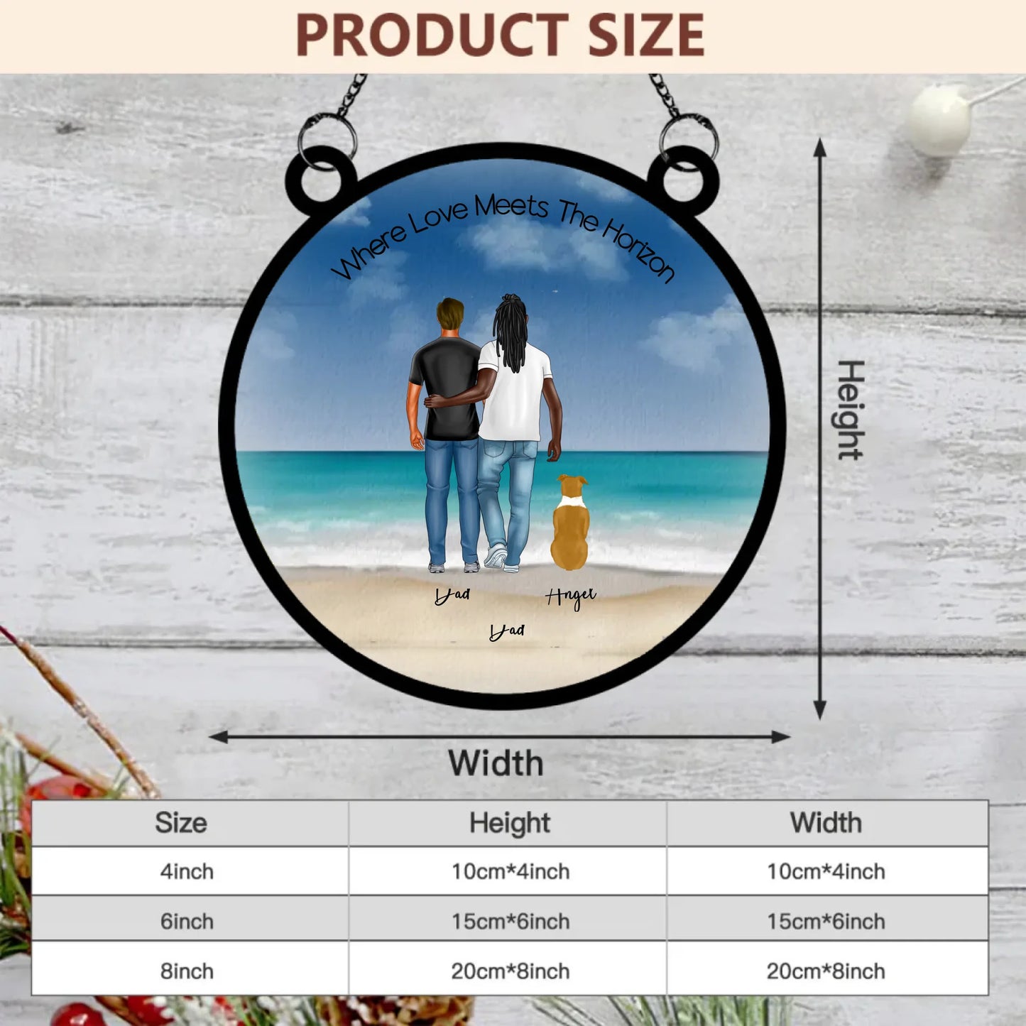 Size chart for Him & Him Edition dog family suncatcher