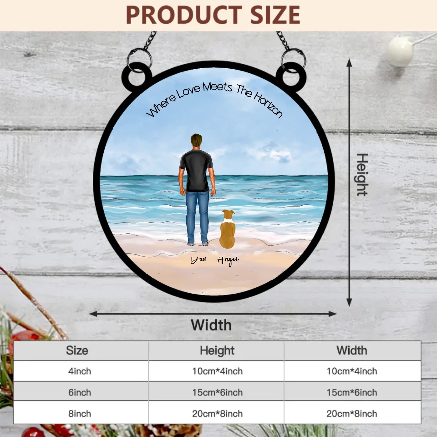Size chart for Single Dad Edition dog family suncatcher