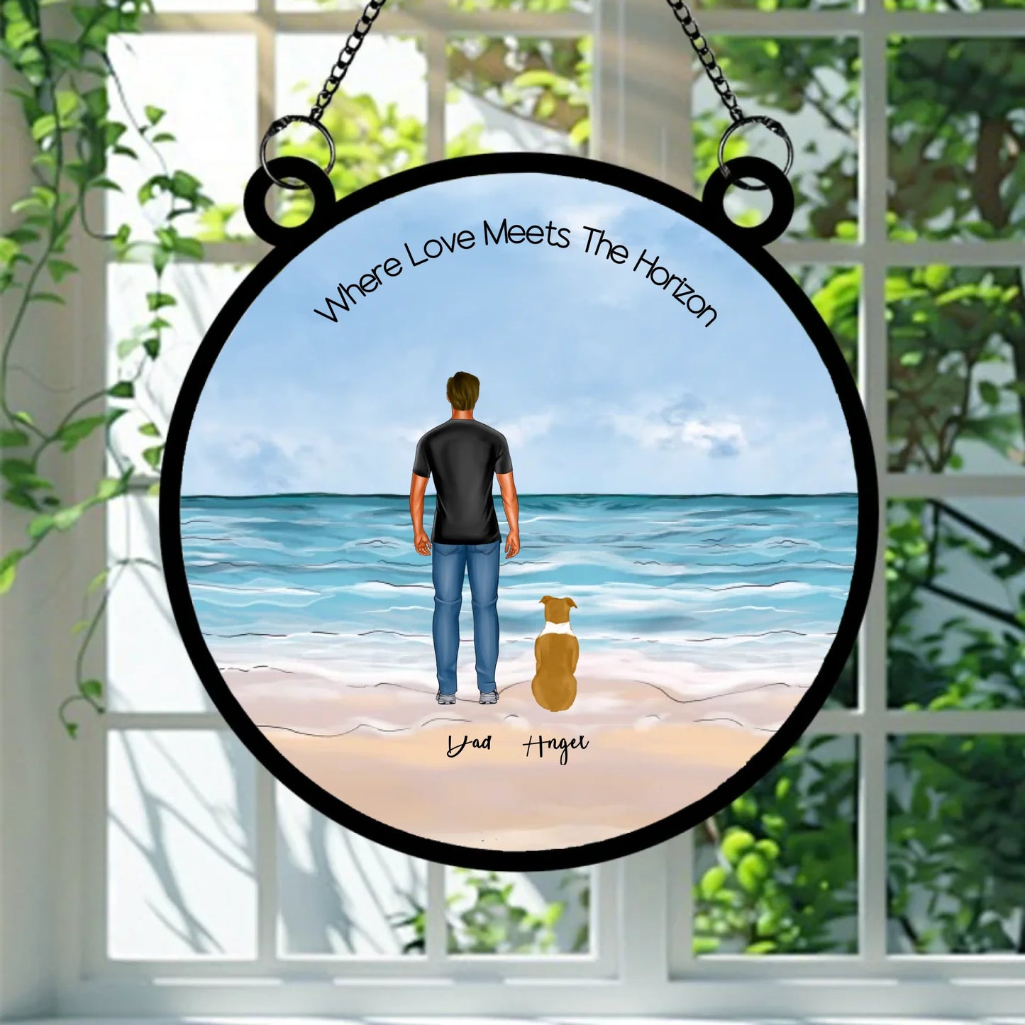 Single Dad Edition Beach Days & Puppy Plays™ suncatcher hanging in window