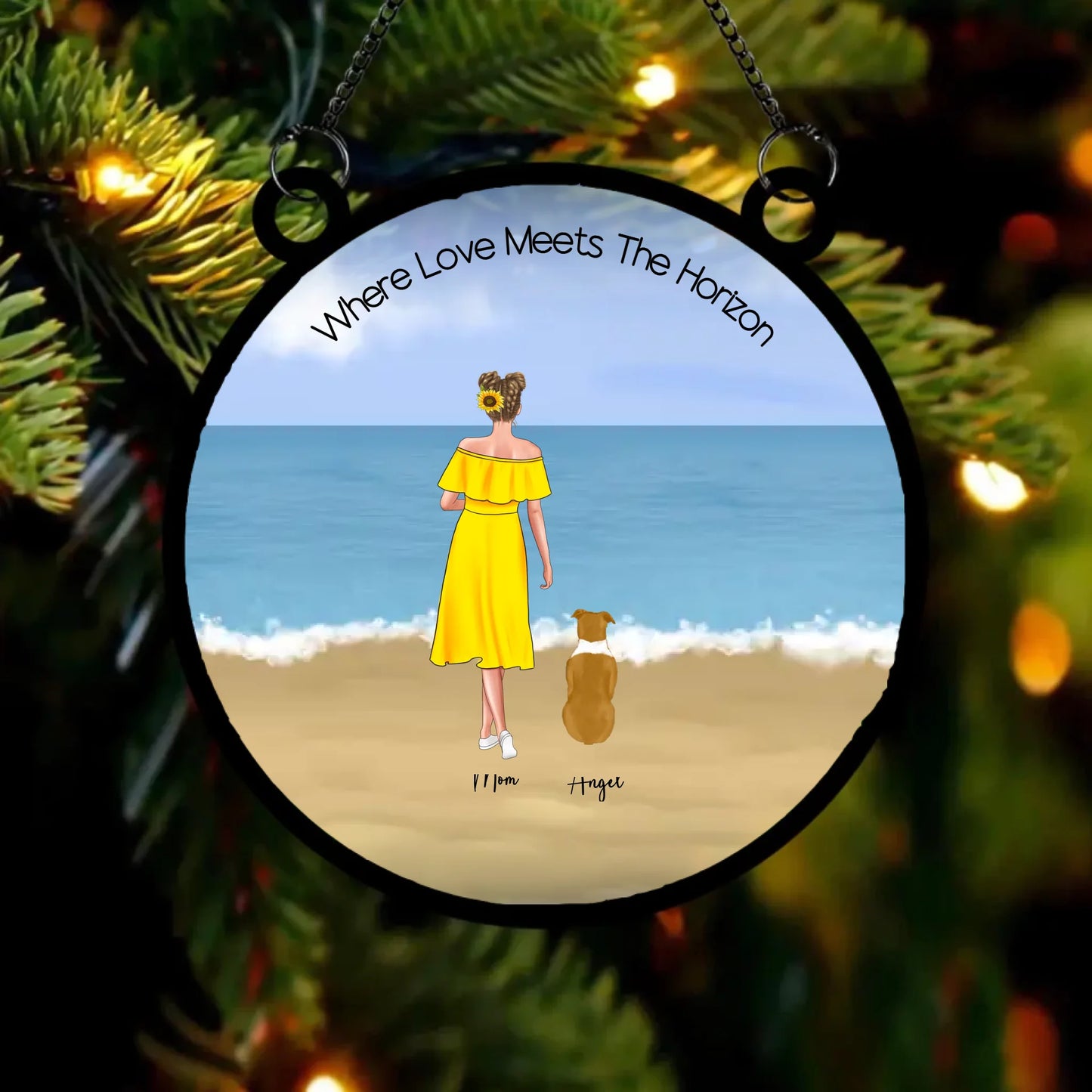 Single Mum Edition Beach Days & Puppy Plays™ suncatcher hanging on Christmas Tree