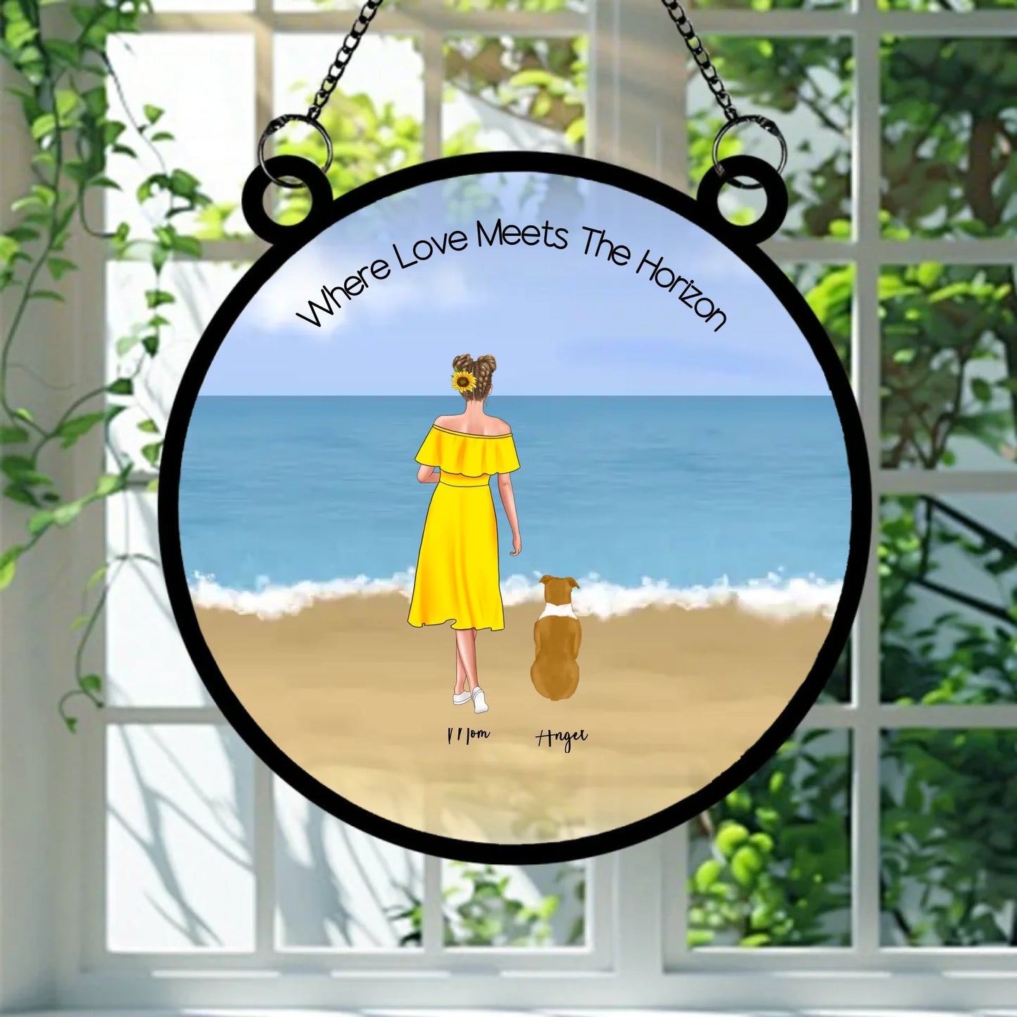 Single Mum Edition Beach Days & Puppy Plays™ suncatcher hanging in window