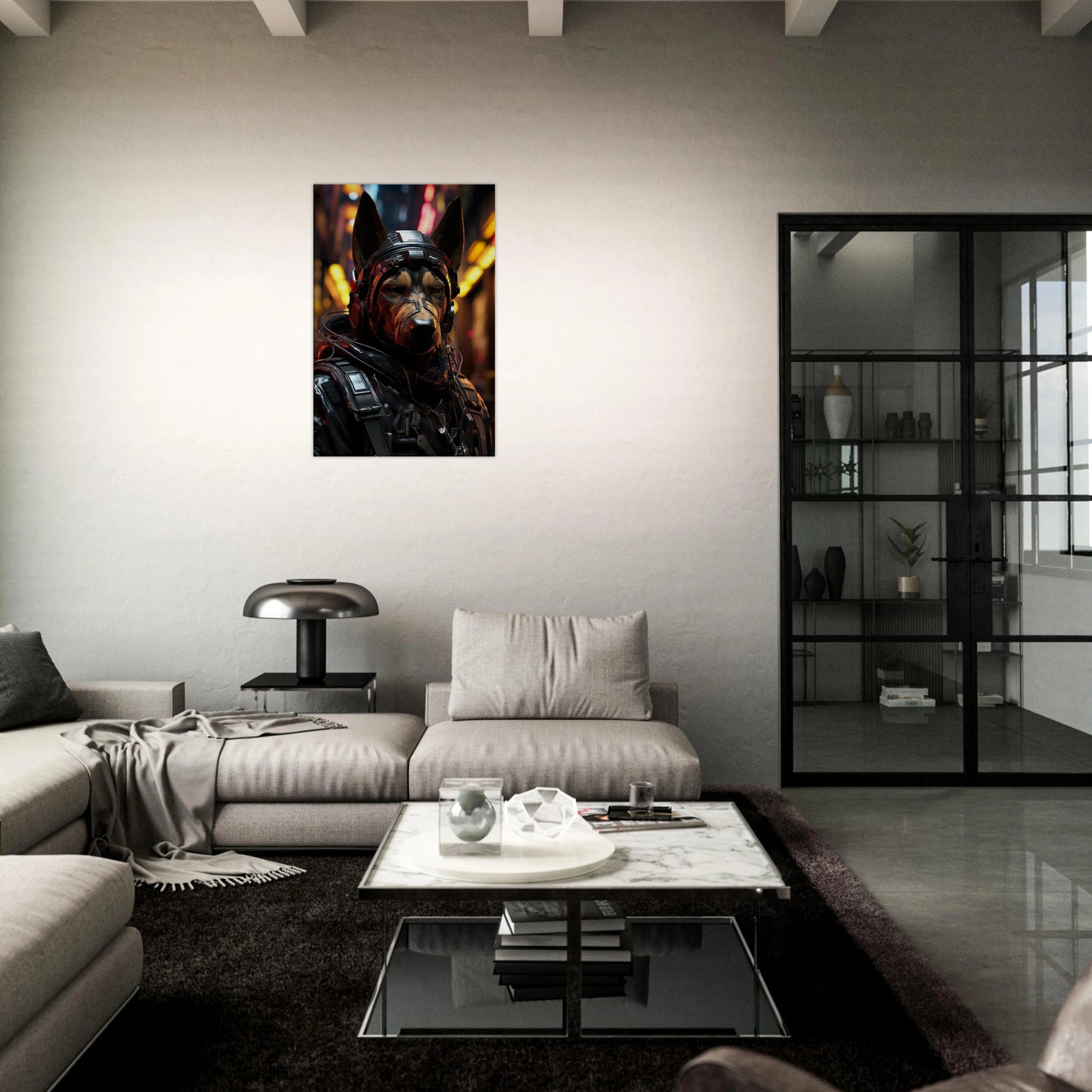 Electric Paws™ canvas in 60x90 cm showing robotic Belgian Malinois in sci-fi style