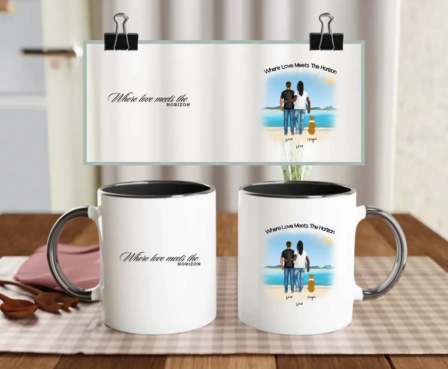 Front 11oz Coloured Black: Personalised Dog Lover Mug – Front View Black Mug 11oz Beach Family Edition for Gay Couples