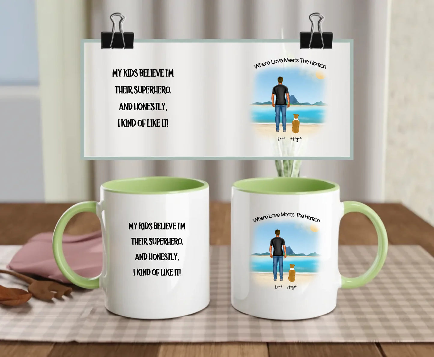 Front 11oz Coloured Green: Personalised Dog Dad Mug – Front View Green Mug 11oz Beach Family Edition for Single Parents
