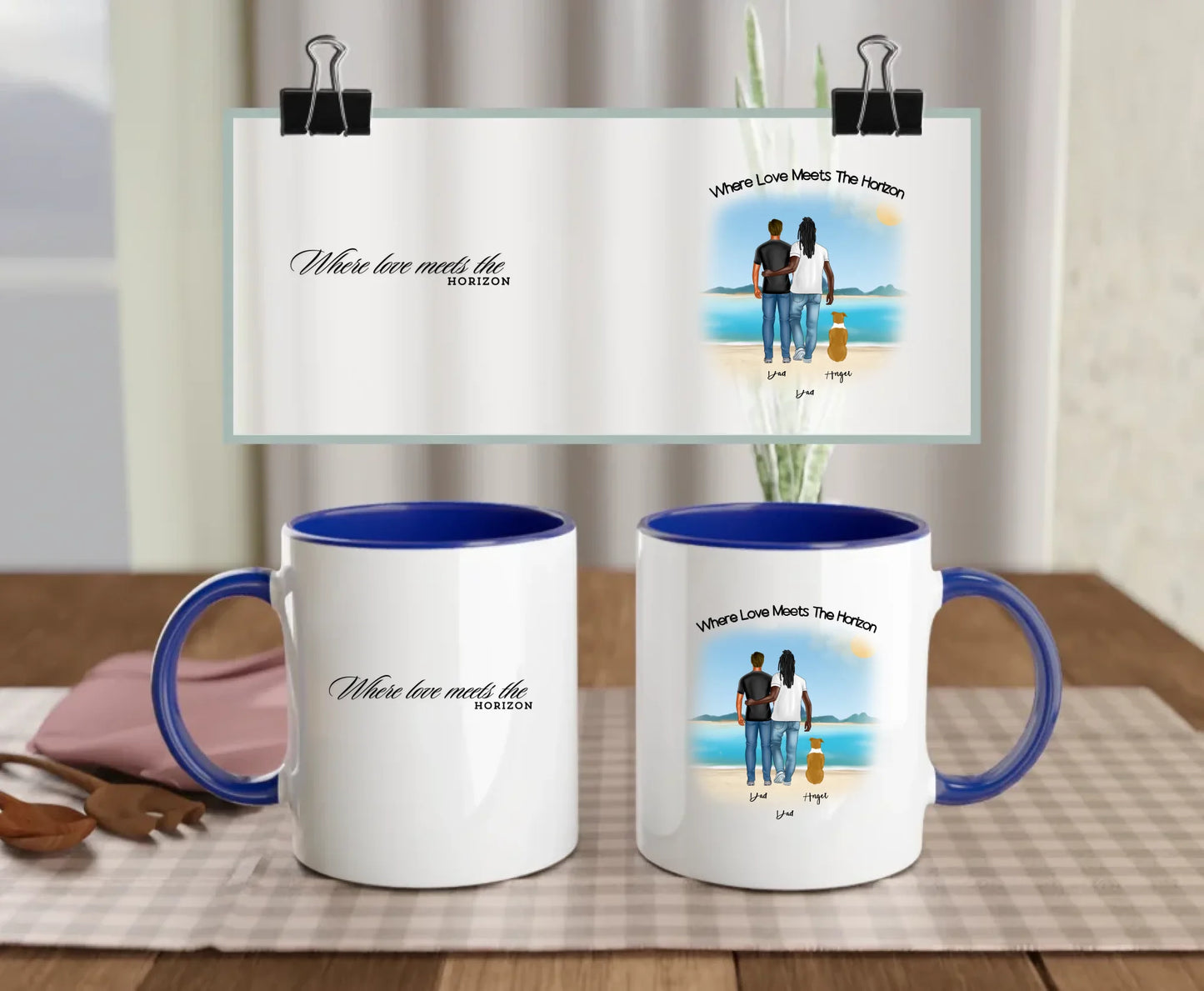 Front 11oz Coloured Navy: Personalised Dog Lover Mug – Front View Navy Mug 11oz Beach Family Edition for Gay Couples 2