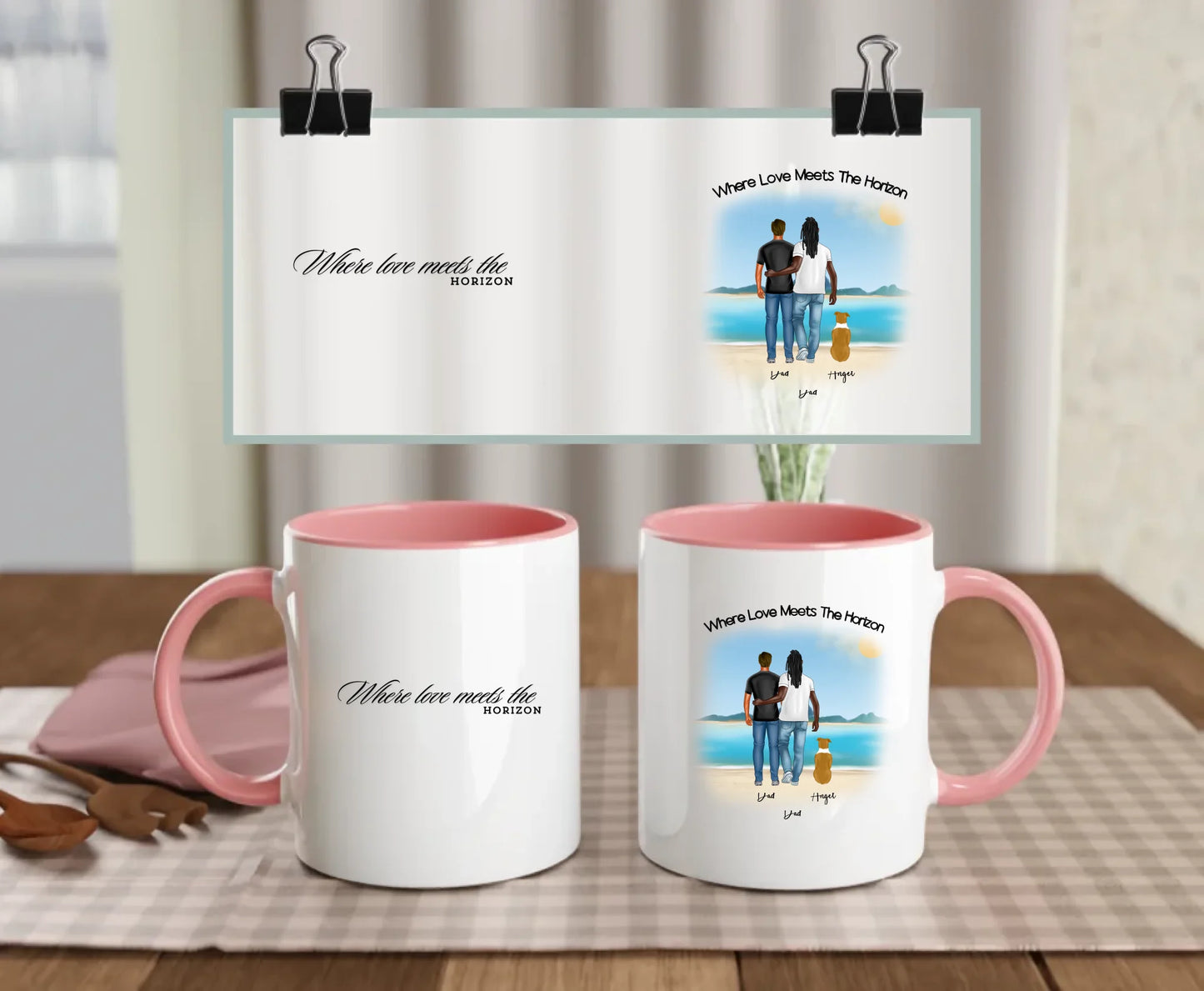 Front 11oz Coloured Pink: Personalised Dog Lover Mug – Front View Pink Mug 11oz Beach Family Edition for Gay Couples