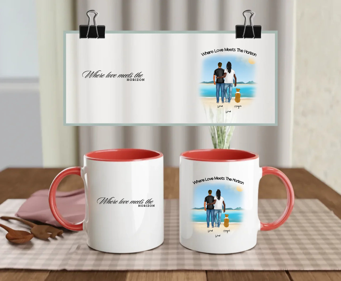 Front 11oz Coloured Red: Personalised Dog Lover Mug – Front View Red Mug 11oz Beach Family Edition for Gay Couples