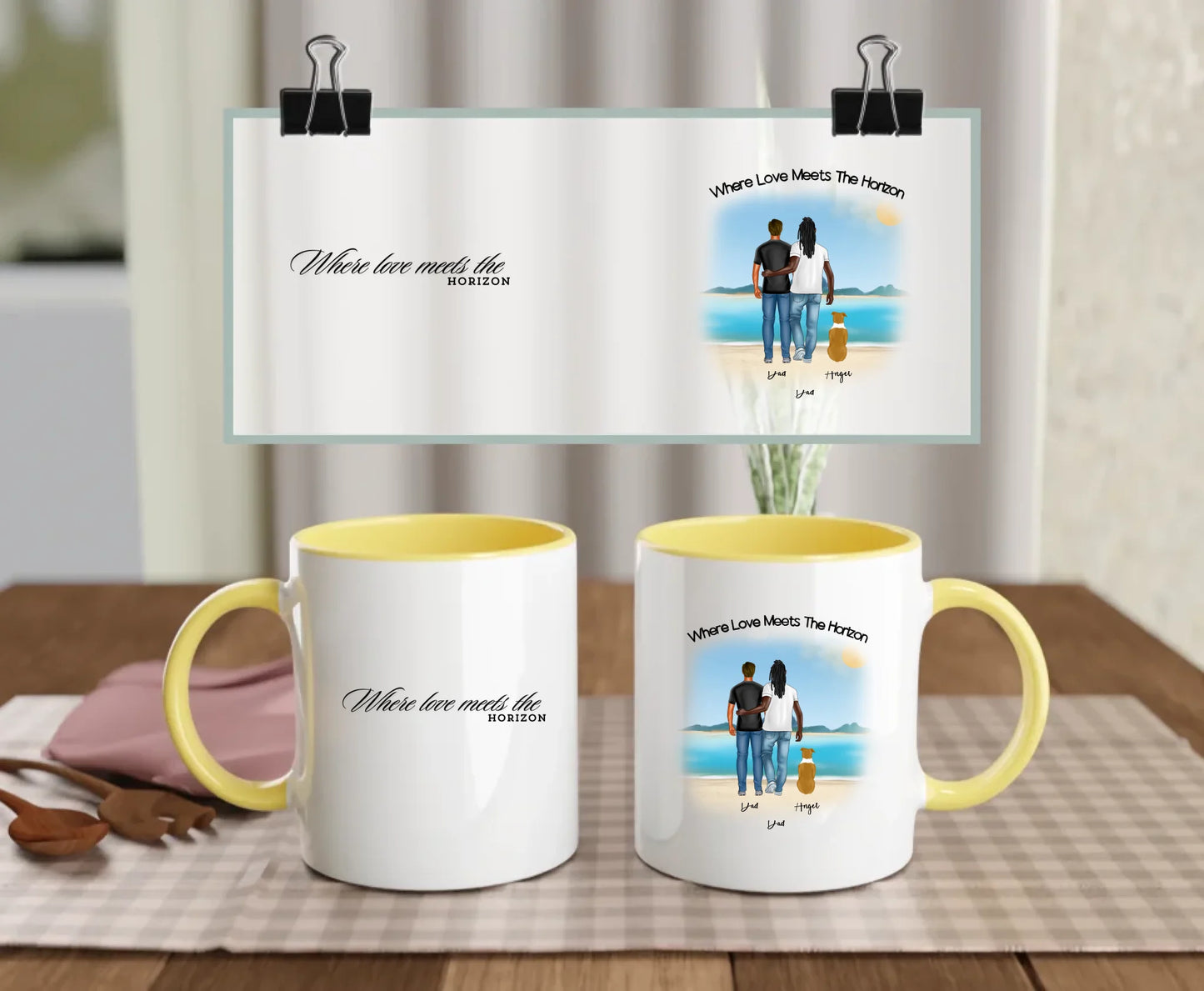 Front 11oz Coloured Yellow: Personalised Dog Lover Mug – Front View Yellow Mug 11oz Beach Family Edition for Gay Couples
