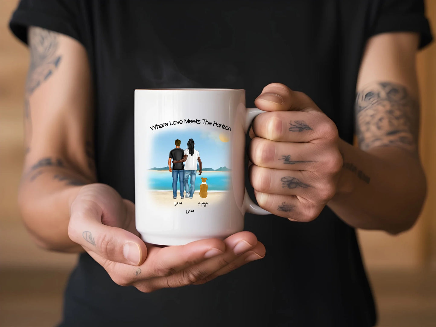 Front 15oz: Personalised Dog Lover Mug – Front View 15oz Beach Family Edition for Gay Couples