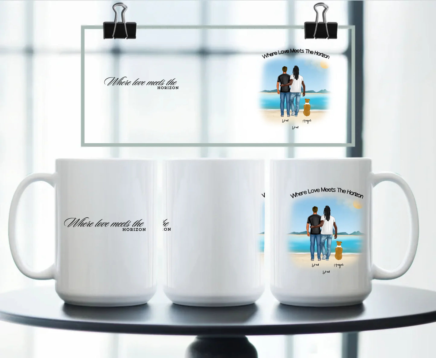 Front & Back 15oz: Personalised Dog Lover Mug – Full Front and Back View 15oz Beach Family Edition for Gay Couples