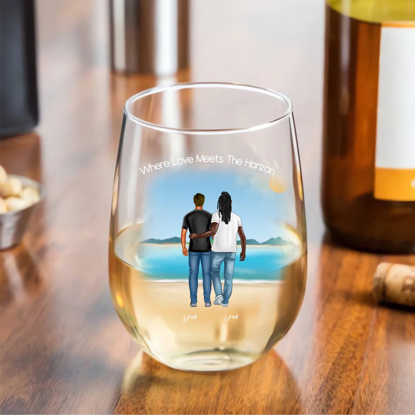 Front & Back: Personalised Beach Family Wine Glass – Full Front and Back View Him & Him Edition