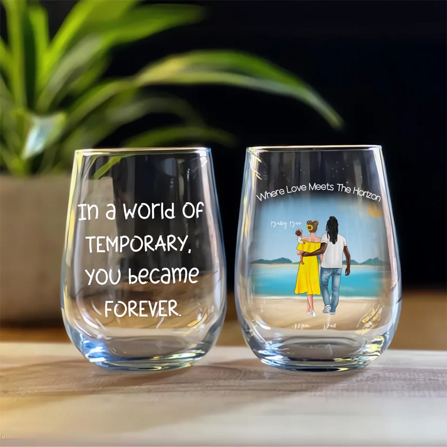 Customised family scene on beach wine glass
