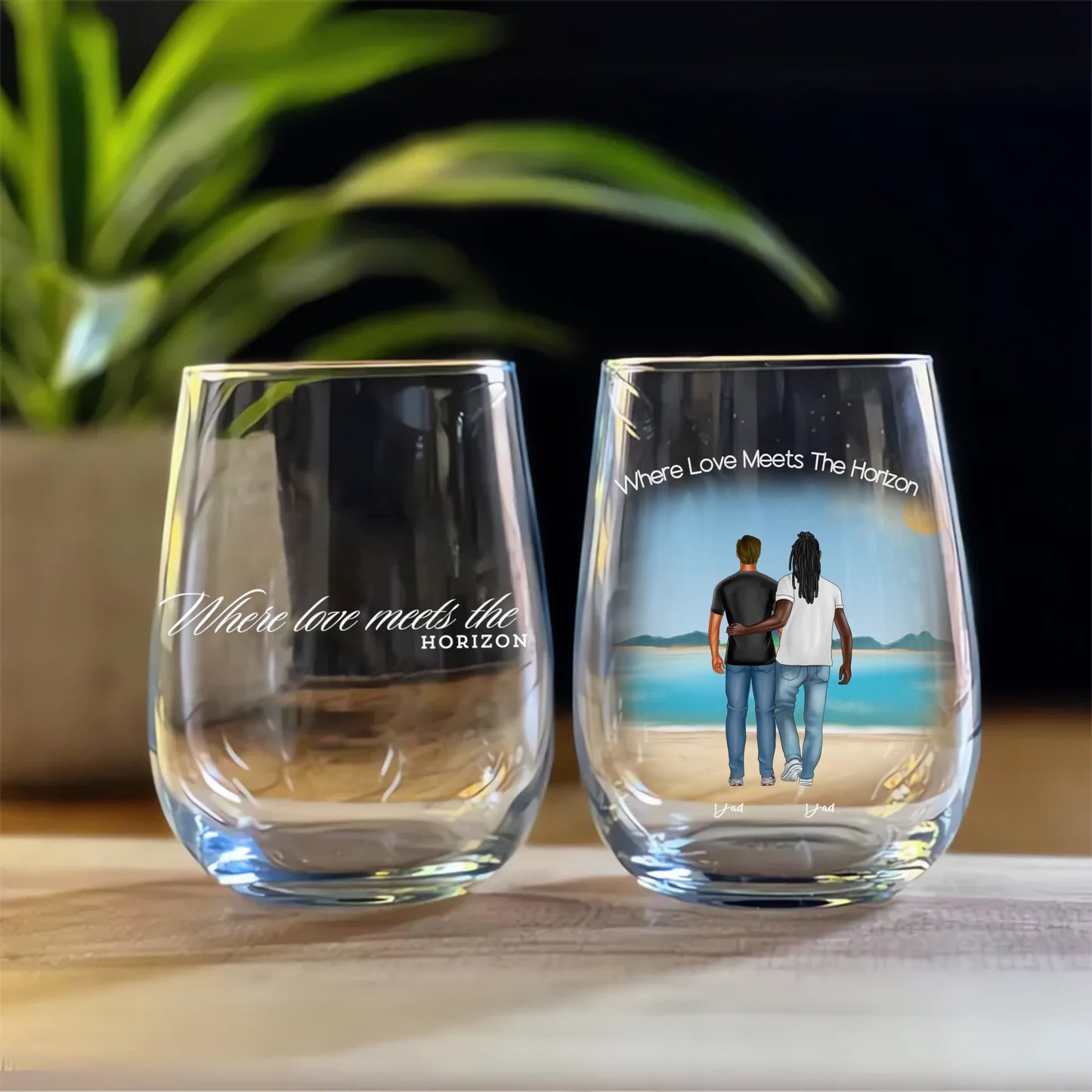 Front and back combined view of gay dads family wine glass