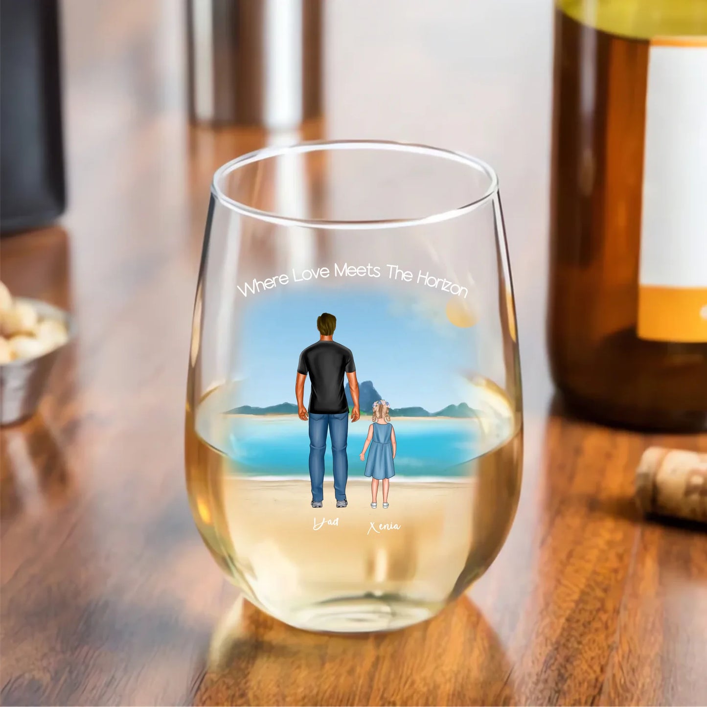 Front view of Waves & Wonders™ Single Dad wine glass with custom family design