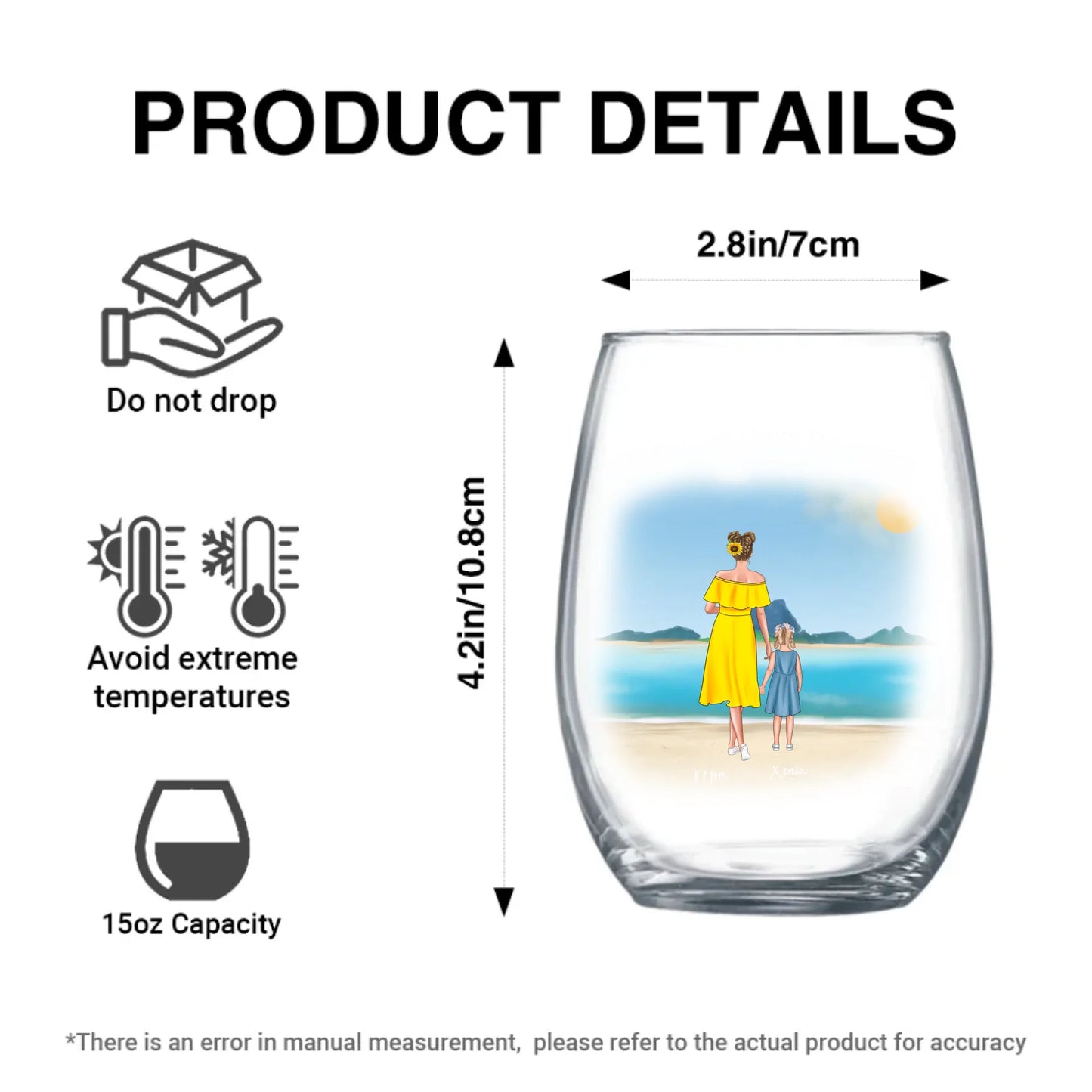Size guide for Waves & Wonders™ personalised wine glass for mums