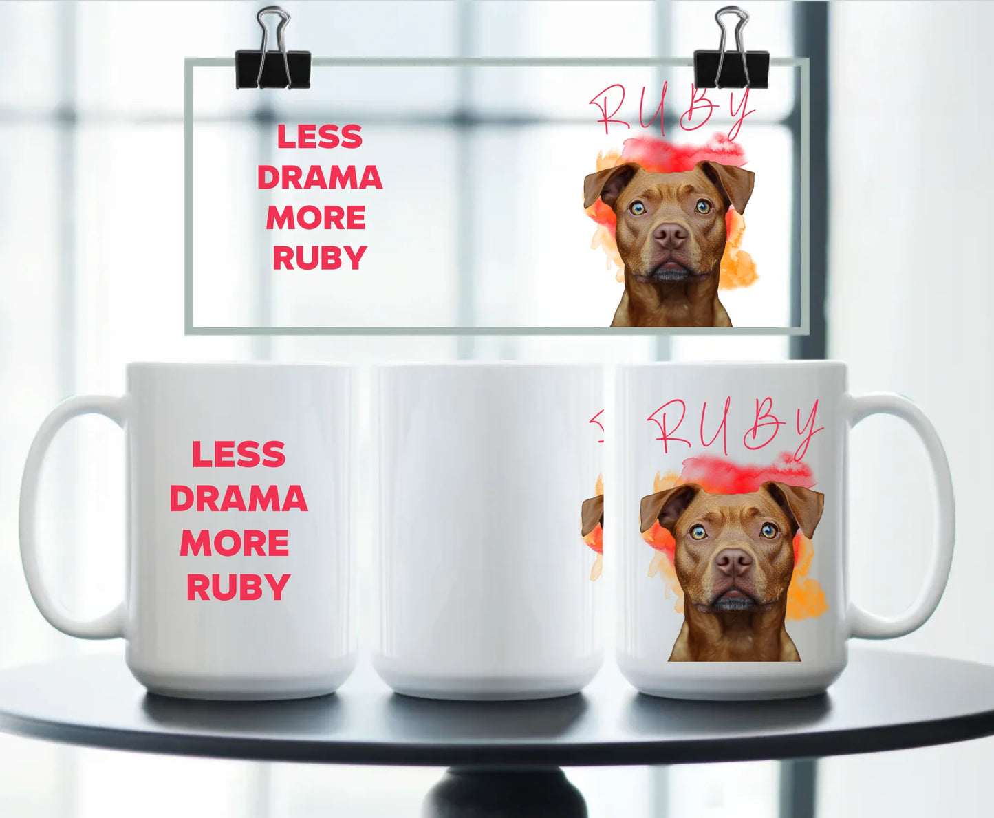 BigPersonalised white ceramic dog mug set featuring “Less drama more Ruby” text and brown dog photo – custom pet gift