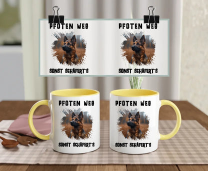 Yellow-handled personalised mug with photo of your German Shepherd, grunge splash design, and quote “Hands off – or the Shepherd bites!” – gift for proud dog owners