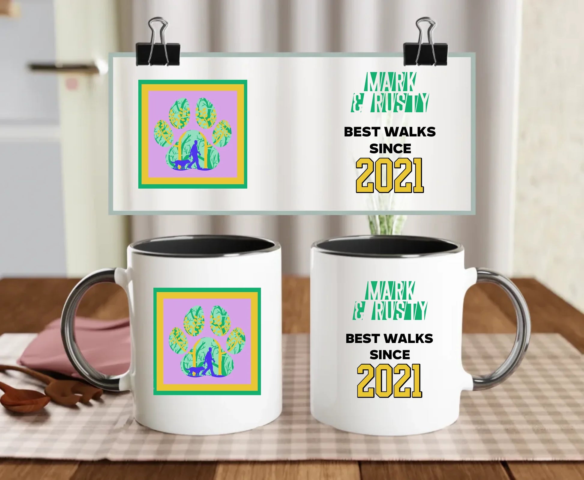 Personalised black-handled ceramic mug with retro paw print design, custom names, and “Best walks since 2021” quote – fun mug for dog dads or dog mums