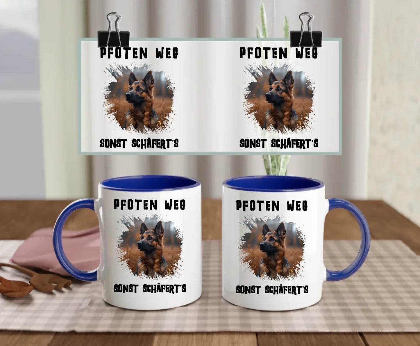 Navy-handled ceramic mug with splash-style German Shepherd photo and humorous quote “Hands off – or the Shepherd bites!” – customisable gift for dog lovers