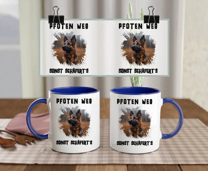 Navy-handled ceramic mug with splash-style German Shepherd photo and humorous quote “Hands off – or the Shepherd bites!” – customisable gift for dog lovers