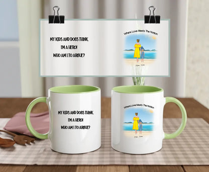 Green-handled ceramic mug with beach illustration of mum, kid, and optional pets – features the quote “My kids and dogs think I’m a hero” – custom gift for proud dog mums