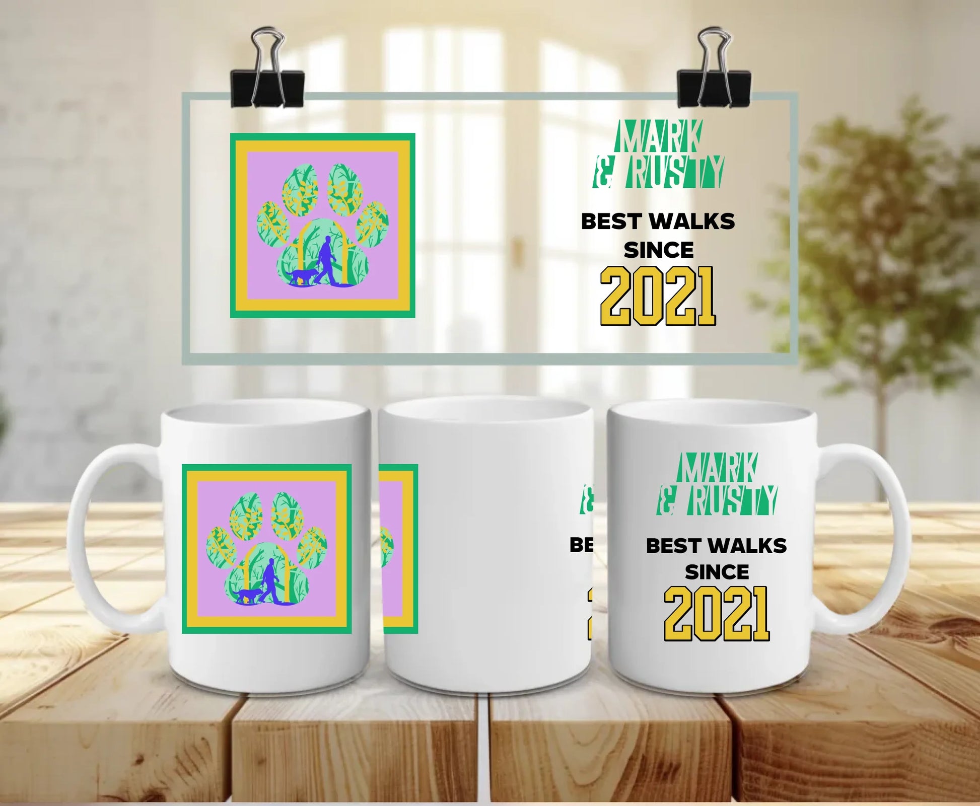 Personalised white ceramic mug with bold “Best walks since 2021” text, names, and colourful paw print with silhouette of person and dog – perfect gift for pet parents