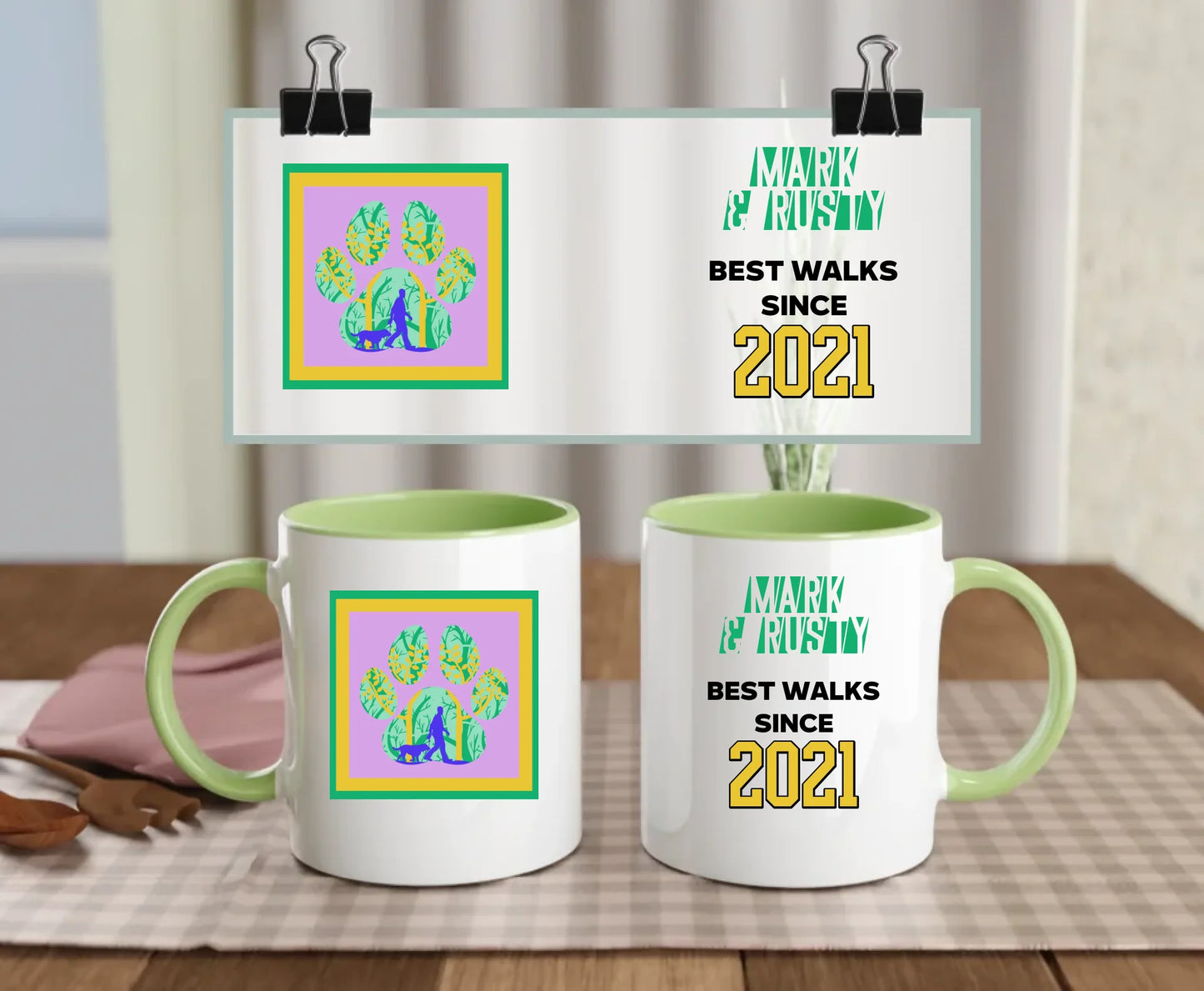 Green-handled personalised dog lover mug with colourful paw print design, walking scene, and “Best walks since 2021” text – with custom name pair