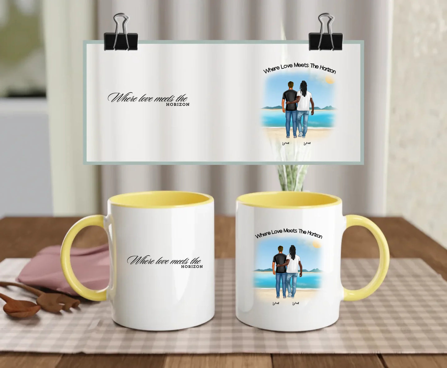 Yellow-handled LGBTQ+ mug featuring a romantic beach illustration of a gay couple with personalised names and “Where love meets the horizon” quote – perfect gift for him & him