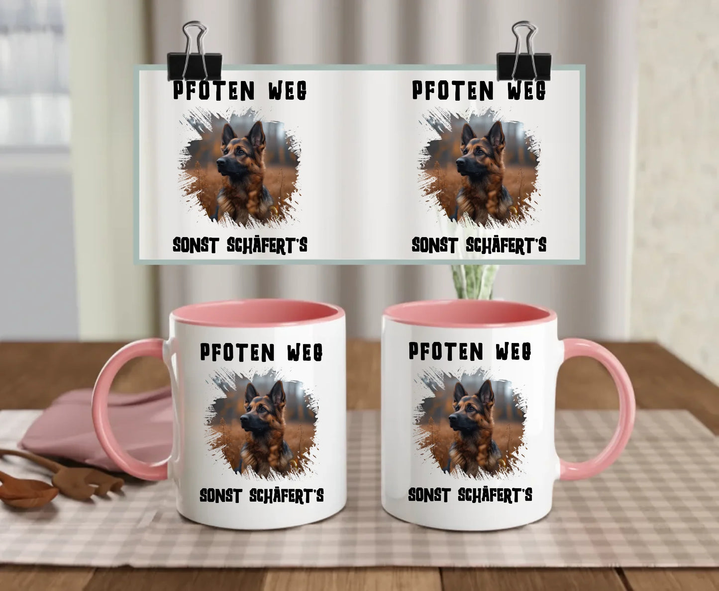 Personalised dog mug with pink handle and interior, featuring your own German Shepherd photo, splash effect, and quote “Hands off – or the Shepherd bites!” – bold and fun dog parent gift