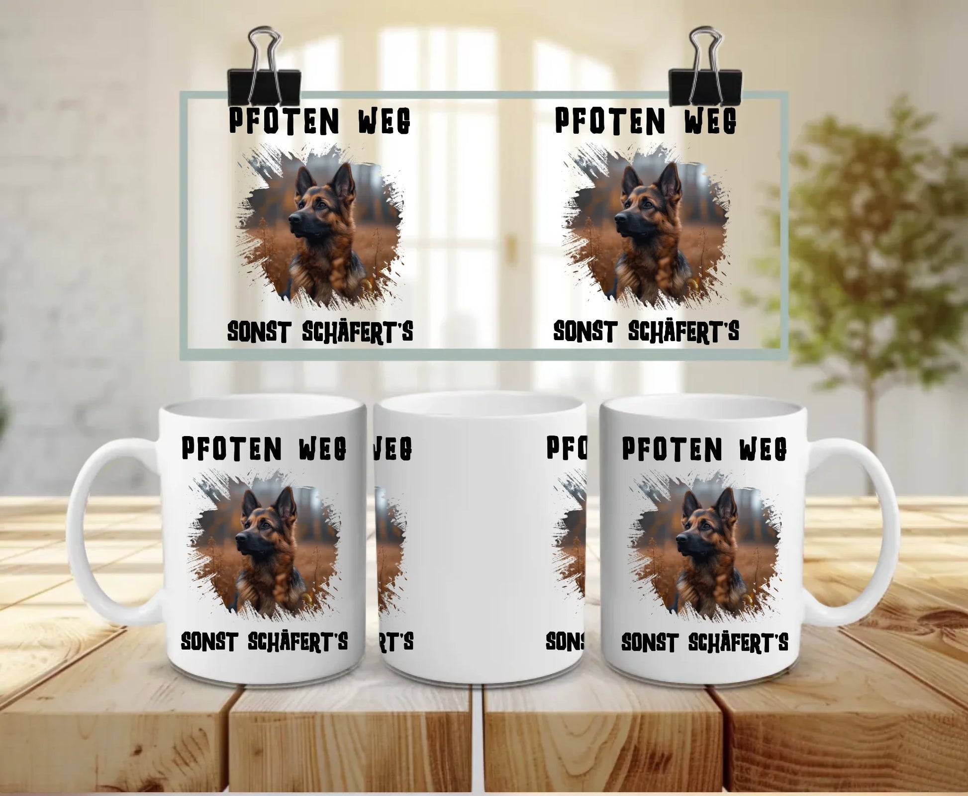Personalised white ceramic dog mug featuring a German Shepherd photo with grunge splash effect and the quote “Hands off – or the Shepherd bites!” – bold custom gift for German Shepherd owners