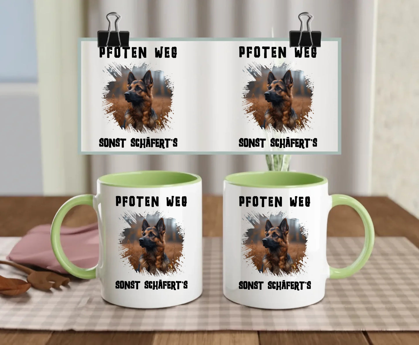 Green-handled personalised mug featuring a German Shepherd photo with splash effect and the quote “Hands off – or the Shepherd bites!” – great gift for dog mums or dads