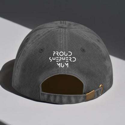 Grey vintage-style personalised baseball cap with white embroidery. Custom text can be added – perfect for proud dog mums or dads, and a thoughtful gift for pet lovers.